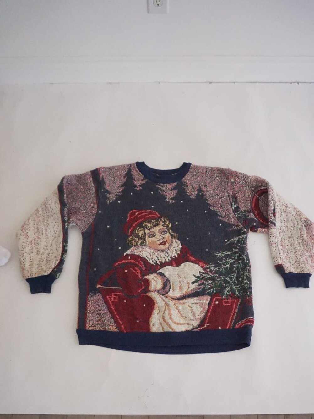 Vintage Navy Red Santa Christmas Tree Snow Scenic Tapestry Cotton Sweater OS